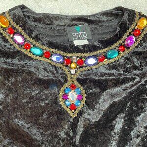 Fritzi Womens Round Neck  Long Sleeve Velvet Beaded Top Medium Black Embellished